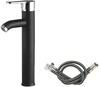 Grifo de baño de acero inoxidable, para lavabos sobre encimera, grifo mezclador moderno de una sola manija con mangueras de 60 cm, agua fría y caliente, acabado negro plateado (plateado y negro)