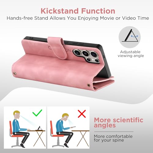 CAESBON for Samsung Galaxy S24-Ultra-Wallet Case: with RFID Blocking Card Slots (6 Cards) | Soft PU Leather Magnetic Snap Zipper Pocket | Crossbody Wrist Strap Protective Phone Cover - Pink by CAESBON - Used condition - Image 6