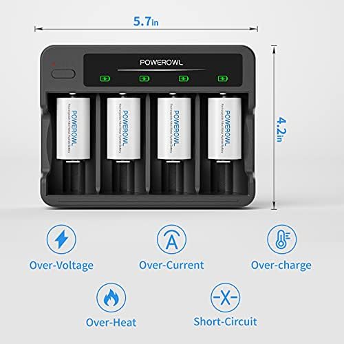 POWEROWL Rechargeable C Batteries with 4 Bay Battery Charger, USB Quick Charging, for AA AAA C D Ni-MH Ni-CD Rechargeable Batteries -4 Count