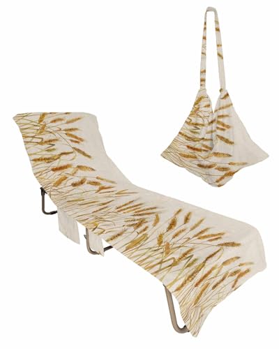 Beach Pool Patio Lounge Chaise Chair Cover Towel With Pockets,Gold Wheat Absorbent & Quick Dry Microfiber Towel Cover Bag Summer Travel Accessories for Sunbathing Farmhouse Vintage Summer Autumn Crops