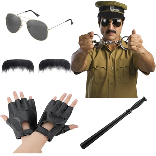 Mepase 5 Pcs Halloween Cop Costume Men Lieutenant Police Costume Accessories Set Border Patrol Outfits Include Sunglasses, Baton, Fingerless Gloves and Mustache Funny Halloween Cosplay Adult