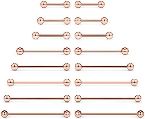 Ftovosyo 16PCS 16 Gauge Mix Sizes Industrial Barbell Cartilage Earring Tongue Helix Nipple Barbell Surgical Steel Body Piercing Jewelry Retainer for Women Men Straight Rose Gold 12-40mm