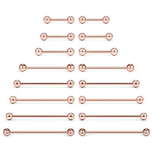 Ftovosyo 16Pcs 16 Gauge Mix Sizes Industrial Barbell Cartilage Earring Tongue Helix Nipple Barbell Surgical Steel Body Piercing Jewelry Retainer For Women Men Straight Rose Gold 12-40Mm #TOP6