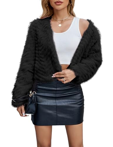Womens Faux Fur Cropped Coats Fuzzy Winter Jacket Long Sleeve Open Front Cardigan Top Fluffy Warm Outwear with Pockets