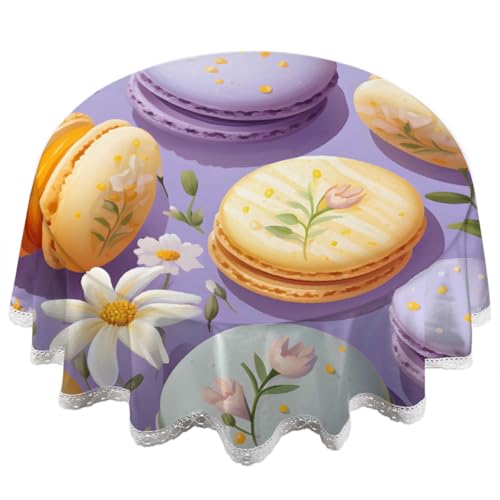 Mexpekil Nappe ronde de 152 cm - Violet - Imprimé macaron - Nappe facile à nettoyer - Bords en dentelle