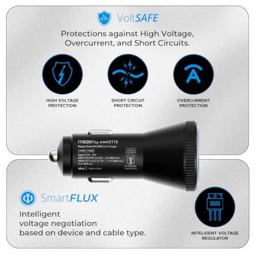 Image of MOZEN by Amkette 81W Dual Output Fast Car Charger with Type-C PD & USB, LED Indicator, Compatible with All Cars for iPhone & Android Smartphone, Smartwatch, Earbud, Power Bank (Black)