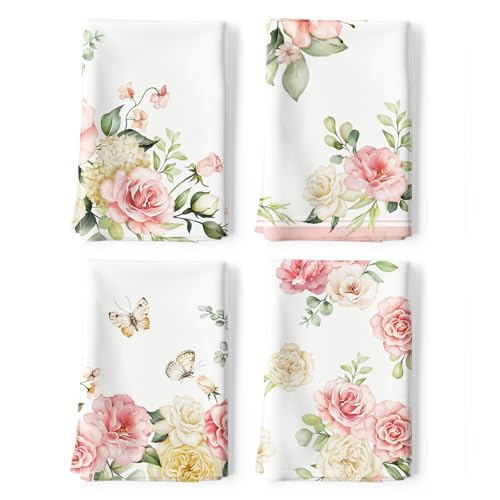 Arquiel 4Pcs Watercolor Flower Kitchen Tea Towels 100% Cotton Pink Floral Butterfly Hand Towels Multiple Uses Quick Dry Dish Cloth for Table, Kitchen Decor, Housewarming Gifts