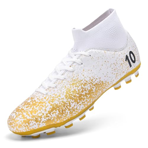 Men's Fashion Lace Up High Top Cleats Spike Soccer Football Shoes Non-Slip Breathable Outdoor Firmly Ground Athletic Baseball Lacrosse Rugby Combat Boots (Gold,4)