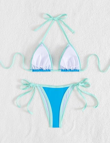 Image of Tainehs Women's Sexy Halter Thong Bikini Tie Two Sides Bottom Triangle Bikini Swimsuits
