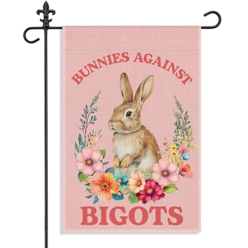 WHTYEFZ Bunnies Against Bigots Garden Flag, 12 x 18 Inch Double Sided Easter Day Decor Flag for Outside Garden Yard Porch, Unique Gifts for Bunny Lover LGBTQ Ally Friend, Social Justice Outdoor Decor