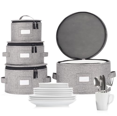 STOZU Set of 4 China Storage Cases for Dinnerware - Hard Shell and Stackable - Sizes: 12" - 10" - 8.5" and 7" W - 48 Plate Separators Included