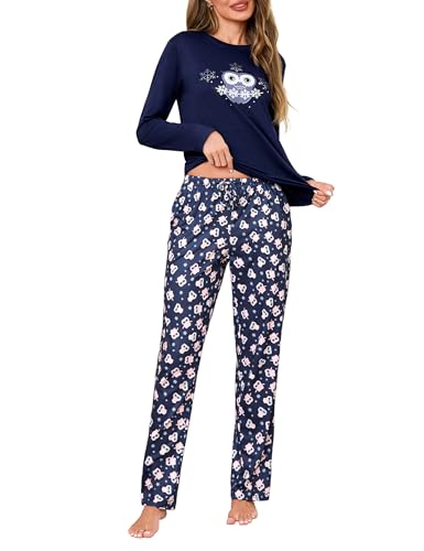 Demegimi Damen Schlafanzug Lang Pyjama Baumwolle Winter Nachtwäsche Rundhals Schlafanzüge Schneeflocken Loungewear Sleepwear Hausanzug