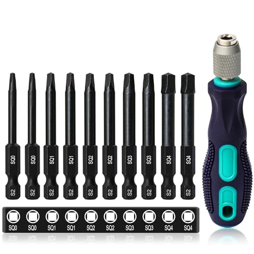 Lot de 10 embouts de tournevis à tête carrée CYLBAQ 60 mm - Tige hexagonale - Embouts de tournevis à tête carrée - SQ0, SQ1, SQ2, SQ3, SQ4 - En acier S2 - Tige hexagonale 1/4" - Avec poignée