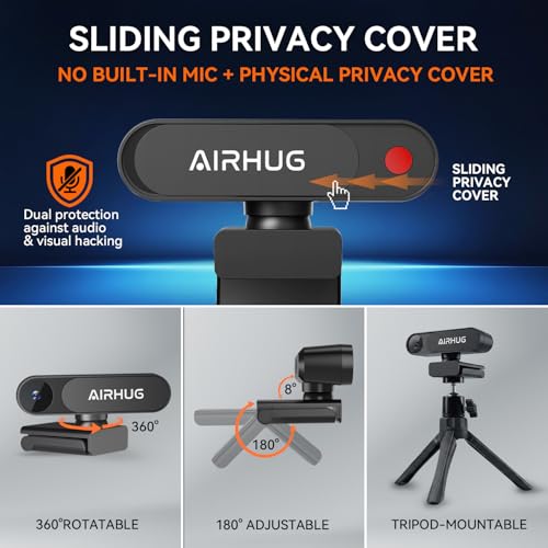 Image of AIRHUG 4K UHD USB Webcam No Mic with Privacy Cover, USB Camera