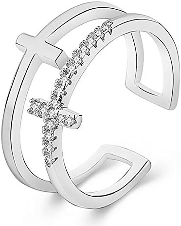 Flzaitian Simple Fashion Double Layer Cross Open Ring,Crystal Cross Finger Rings for Couple Women Girl (Silver)