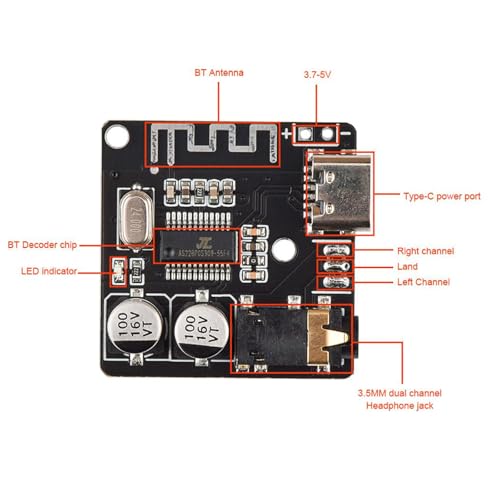 hiBCTR 5pcs Bluetooth 5.0 mp3 decoder Board with USB-c Audio Receiver, Wireless Stereo Music Module for Headphones and Amplifier Board, 12v Bluetooth Receiver with 3.5mm Jack - Thumbnail 5
