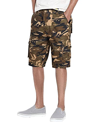Hijewe Men's Camo Cargo Shorts Outdoor Relaxed Fit Multi-Pocket Casual Cotton Army Camouflage Shorts (Khaki, 38) #TOP3