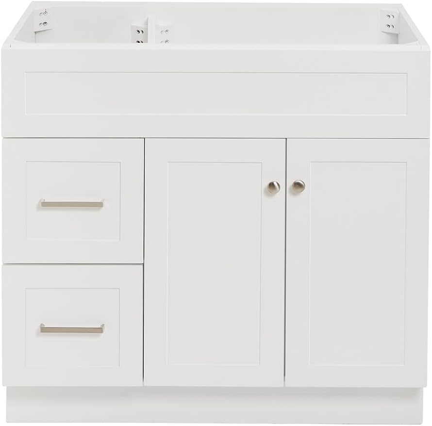 ARIEL Hamlet 36-inch Bathroom Vanity Base Cabinet,Solid Wood, 2 Soft Closing Doors, 2 Dovetail Drawers, Brushed Nickel, White
