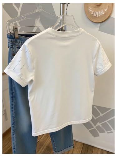 Image of RoseSeek Women's Beaded Sequin Tops Bowknot Bow T Shirt Short Sleeve Crewneck Trendy Tee Top Y2k Tops