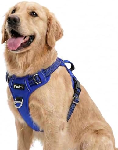 Funfox Anti Zug Hundegeschirr Grosse Hunde mit Frontclip, Blau | Vertikaler Griff, Verstellbar, 2 D-Ringe, Gepolstert, Nachts Reflektierend, für Kleine Mittlere Grosse Hunde, L