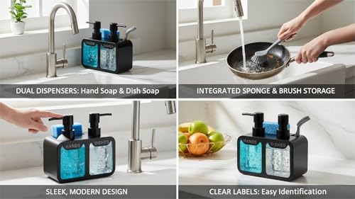 Image of 4-in-1 Kitchen Sink Soap Dispenser Set - Dual Pump for Hand & Dish Soap, Sponge & Brush Holder, Refillable Sink Organizer (Black)