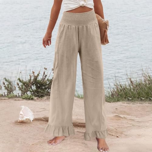 Image of Womens Linen Palazzo Pants Ruffle Hem Drawstring Boho Trousers Beach Travel Vacation Outfits