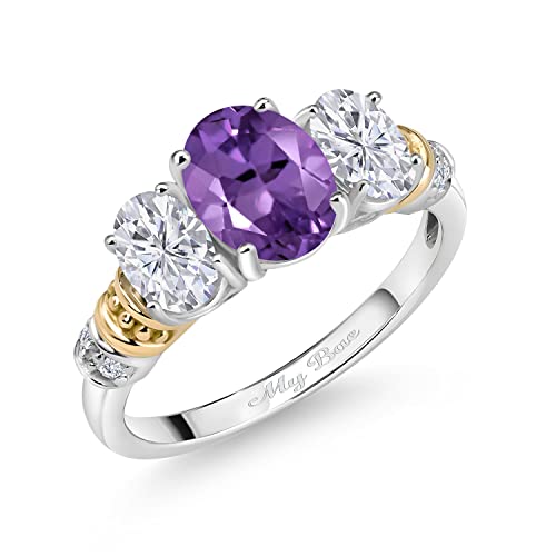 Gem Stone King 925 Sterling Silver and 10K Yellow Gold Customized and Personalized Gemstone Birthstone and Diamond 3 Stone Engagement Ring For Women Oval 8X6MM and 6X4MM