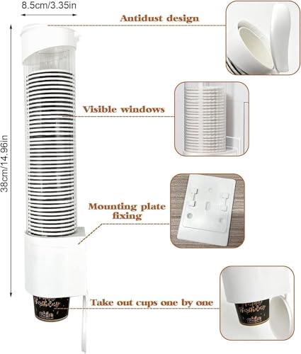 Image of Paper Cup Dispenser Holder | Wall Mounted Plastic Drinking Water Cup Dispenser | Glass Dispenser Holder | Disposable Cup Holder Organizer | Sticker or Screw Plate Mountable, Plastic