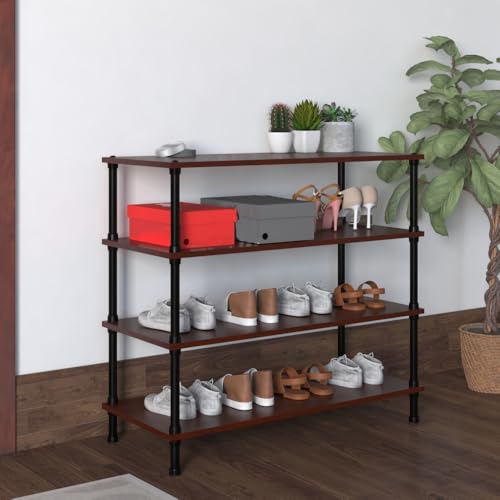 Image of TABLE MAGIC Jazz Shoe Rack 4T Multipurpose Shoe Rack Organizer Stand for Home 4 Shelfs Wood Steel D30 x W60 x H65cm (4 Tier, Mahogany)