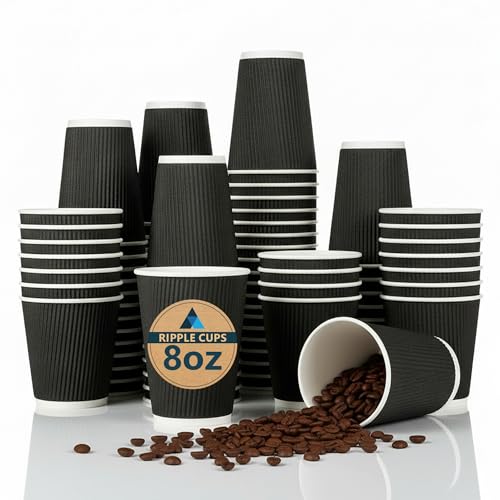 Nationwide Paper 8oz (235ml) Small Takeaway Coffee Cups Black Triple Wall Ripple Insulated Paper Cups for Espresso, Flat White, Cappuccino & Tea, Disposable Catering (Pack of 100)
