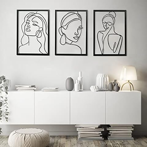 Remenna Minimalist Wall Art Decor Framed Black Modern Abstract Line Art Wall Decor Women Body Face Metal Wall Decor for Living Room Bedroom Bathroom Set of 3 Cover