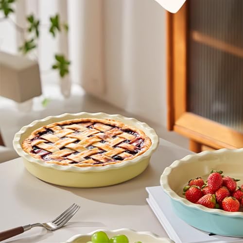 FEOOWV 10inch Ceramic Round Pie Dish,Pie Pan, Quiche Baking Dish, Deep Baking Dish, for Cakes, Tart, Microwave, Oven, Dishwasher Safe (Beige) - Thumbnail 4