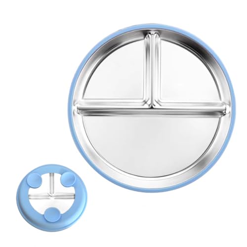 HASTHIP® Kids Food Plate with Suction Cups,9'' Round 3-Compartment Plate,Stainless ...
