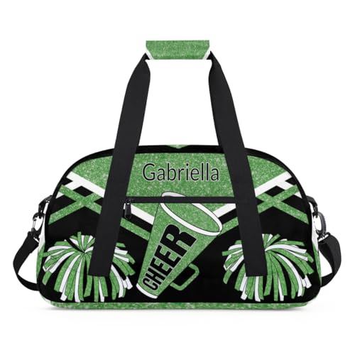 Custom Name Cheerleader Gym Bag for Kids Girls, Personalized Dance Sport Duffel Gymnastics Bag Travel Weekender Outdoor Tote Carry-On Bag, Green Black Glitter Sequins