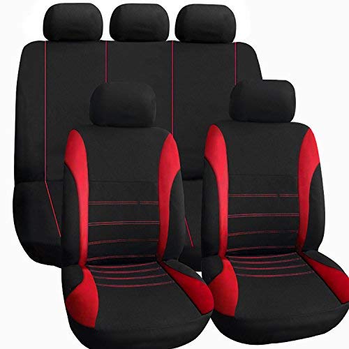 Auto Seat Covers Full Set 9PCS Universal Fit for Car, Truck, SUV, Van - Steering Wheel Cover All Seasons,Red
