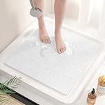 HITSLAM Square Shower Mat Non Slip Anti Mould, 53 x 53cm Soft PVC Loofah Shower Mat for Inside Shower, Bath Mat Anti Slip With Drain, Quick Drying Shower Bath Mat, White