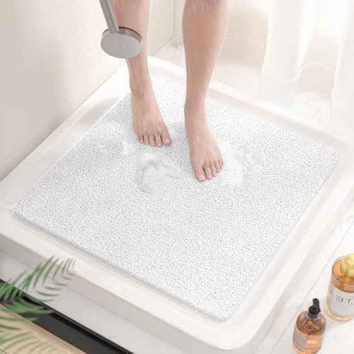 HITSLAM Tapis de Douche Antiderapant, 53x53cm Tapis de Baignoire Antidérapant sans Ventouse, Doux PVC Luffa Tapis de Bain pour Salle de Bain, Séchage Rapide, Drainage Efficace, Blanc