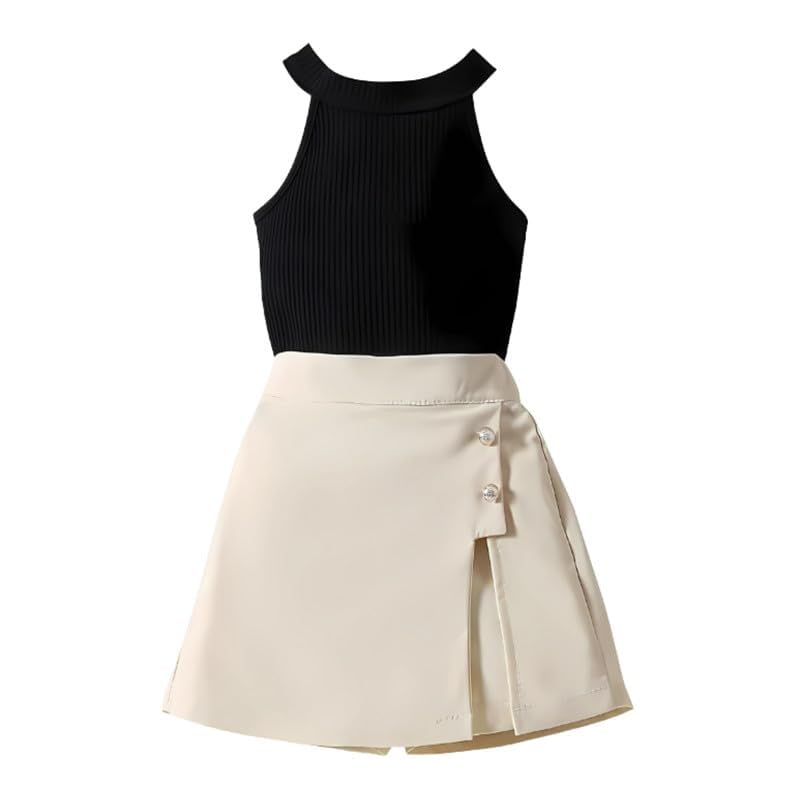 MENVY Girls Sleeveless Ribbed Top & Button-Detail Skirt Set | Stylish Kids Outfit for Everyday Wear, Parties & Outings | Soft Fabric, Trendy Design Two-Piece Clothing Set for Girls