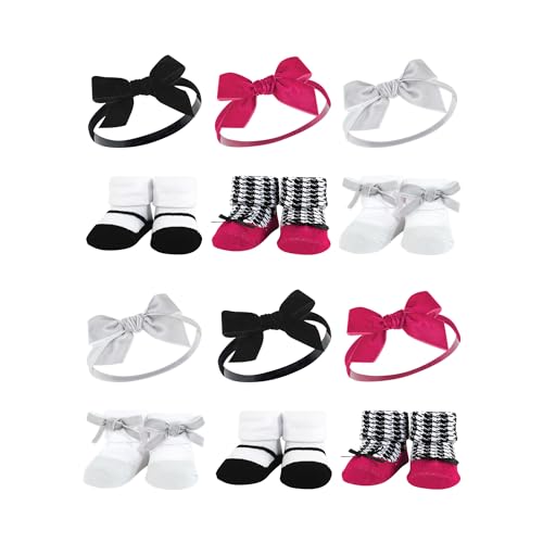 Hudson Baby Girls 12Pc Headband and Socks Giftset, Black Pink, One Size