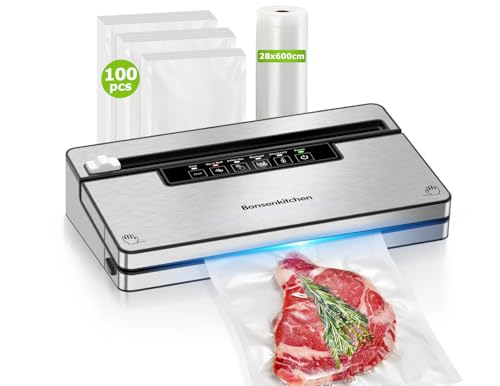 Bonsenkitchen Vacuum Sealer Machine with 5 Modes, Built-in Cutter and Bag Storage, Globefish Technology for Continuous High-Speed ​​Operation, Includes 100 Vacuum Bags and 1 Roll Bag, VS3201