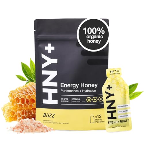 HNY+ Buzz Organic Honey Energy Gel with Electrolytes, Magnesium, Sea Salt, Potassium & Green Tea Caffeine, Gluten Free & Vegan, Workout Gels, for Gym, Running & Hiking, 50mg Caffeine, 12 Pack
