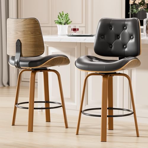 Butacos Giratorios para Isla de Cocina de 26 Pulgadas, Set de 2, Tapizados en Cuero Sintético Negro con Acabado Botón Tufted y Espaldar de Madera Curvada, Patas de Metal, Estilo Mid-Century Moderno miniatura 1