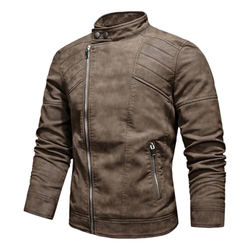 Men's PU Faux Jacket Padded Large Lapel European Size Oblique Lapel Zipper Autumn and Winter Standing Jacket