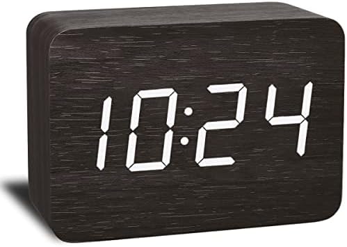 JINBOOM Wooden Digital Alarm Clock Electronic LED Time Display,4 Level Adjustable Brightness and Voice Control, Display Time Temperature Date for Bedroom Office Kids and Families,Black
