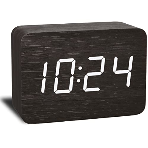 Jinboom Wooden Digital Alarm Clock Electronic Led Time Display,4 Level Adjustable Brightness And Voice Control, Display Time Temperature Date For Bedroom Office Kids And Families,Black #TOP14