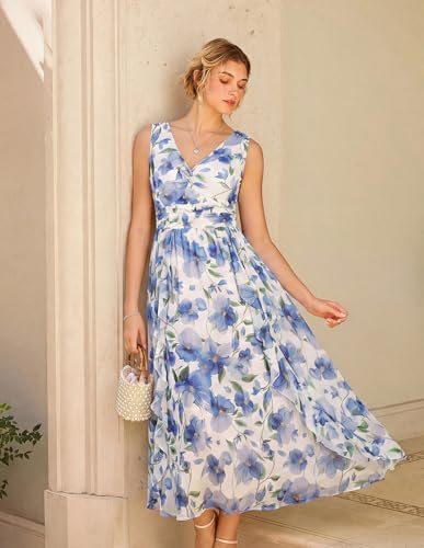 Image of GRACE KARIN Women's Summer Sleeveless Floral Maxi Dress V Neck Formal Wedding Guest Dress A Line Beach Vacation Clothes