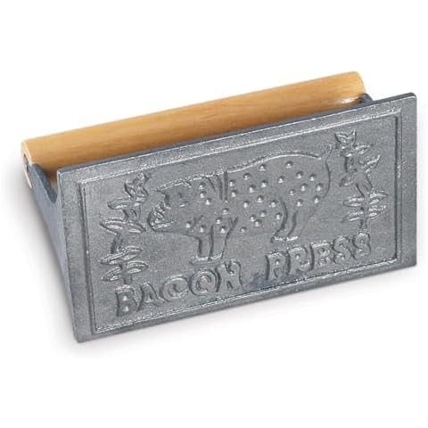 HIC Kitchen Rectangular Bacon Press and Steak Weight, Heavyweight Cast Iron with Wooden Handle, For Grill Panini Burgers Bacon and Sausage Cover