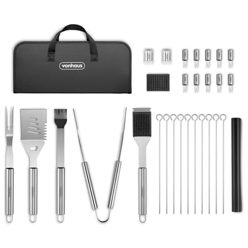 VonHaus BBQ Tool Set with Case, 30Pcs BBQ Accessories Kit Including Spatula, Fork, Tongs, Skewers, Corn Forks, Barbecue Grill Mats, Basting Brush & Cleaner, Heavy Duty BBQ Utensils for Outdoor Cooking