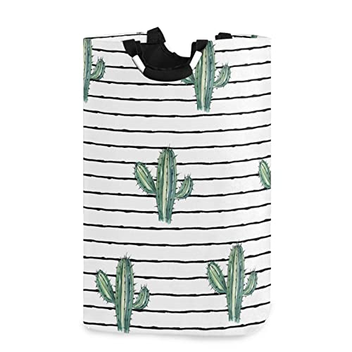 SJOAOAA Tropical Cactus Black White Stripe Laundry Hamper with Handles Waterproof Collapsible Storage Basket Large Dirty Clothes Bin for Laundry Room, 22.7 Inches