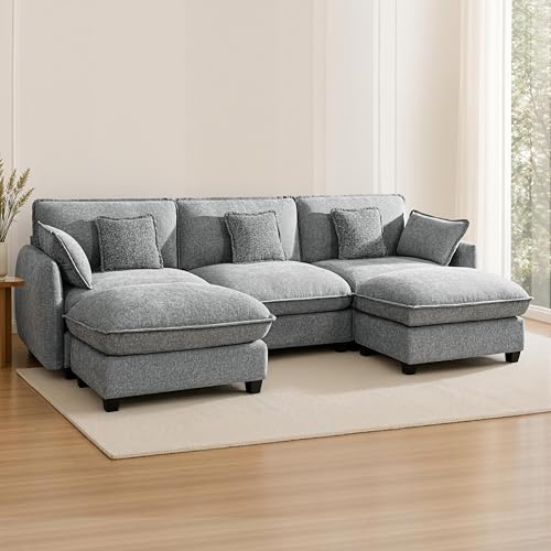 MCombo 117-inch grey oversize sectional with two ottomans — showing the wide seat depth and modular pieces suited to a large open basement